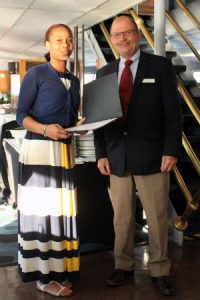 OBCL scholarship recipient Anya-Belle Brown is seen here with OBCL president Lawton Osler during the presentation of her award.