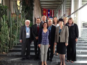 IBE and WHO representatives, pictured left to right: Athanasios Covanis, president IBE; Shekhar Saxena, WHO; Shichuo Li (China); Brooke Short, WHO; Ann Little, executive director IBE (Ireland);  Mary Secco, IBE (Canada); Tarun Dua, WHO;  Emilio Perucca, president ILAE; Alla Guekht, ILAE (Russia). Photo credit: International Bureau for Epilepsy