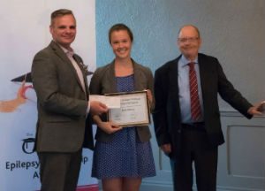 Kate Selway is pictured here receiving her $1,500 Osler Epilepsy Scholarship with Epilepsy Ontario executive director Paul Raymond (left) and Osler Business Consulting Ltd. president Lawton Osler (right) during a presentation in Toronto June 1.